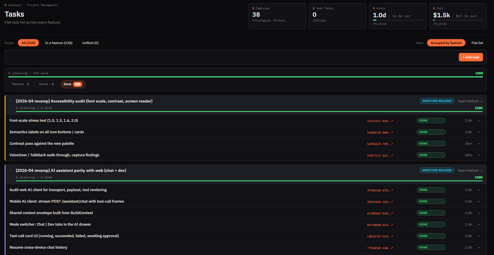 Handrail tasks view — flat task list grouped by feature, each task with ID, status and duration.